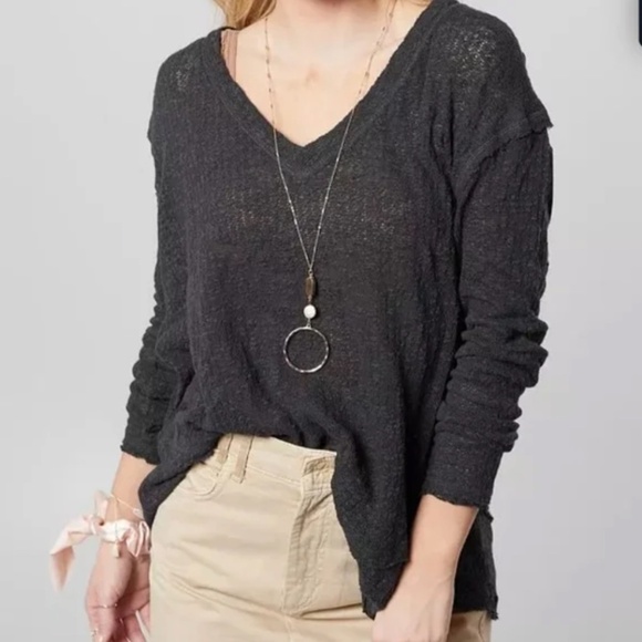 Free People V Neck Distressed Long Sleeve Top - Picture 5 of 5